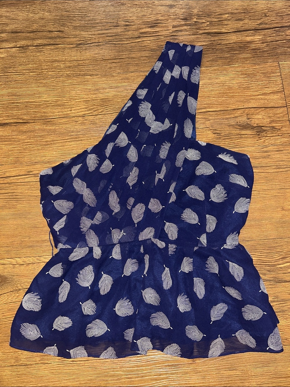 Stunning one-shoulder, silk Fei navy feather print top from Anthro, size 6